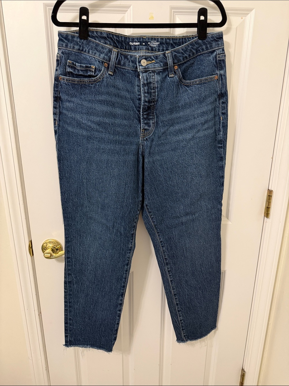 Old Navy Medium Blue High-Rise OG Straight Jeans Raw Edge 14